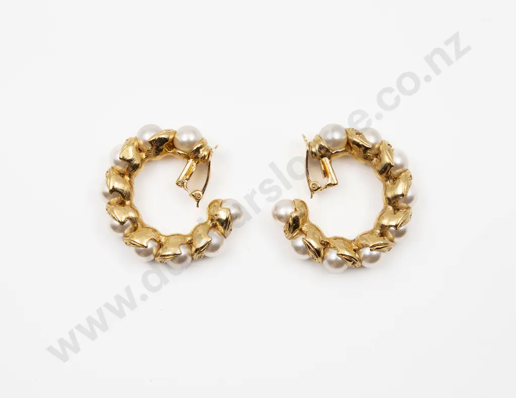 Vintage Versace Faux Pearl and Rhinestone Hoop Earrings Image 1++