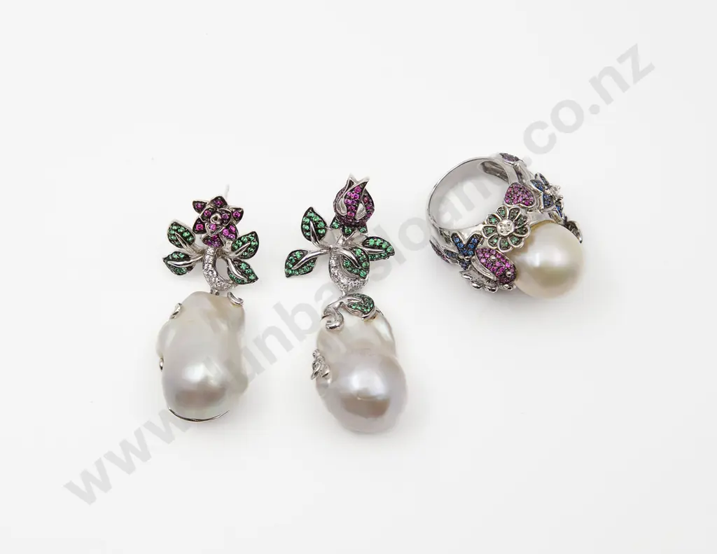 925 Silver and Multicoloured Crystal Baroque Pearl Ring and Earrings Image 1++