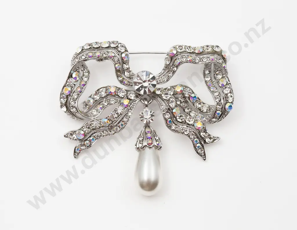 Royal Collection Faux Diamond and Pearl Ribbon Bow Brooch Image 1++