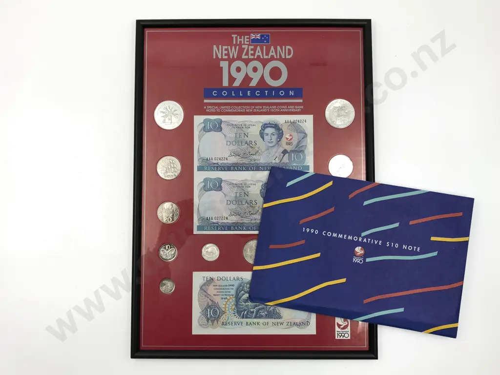NZ Framed 1990 Collection and 1990 $10 note Commemorative Image 1++