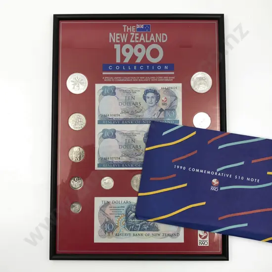 NZ Framed 1990 Collection and 1990 $10 note Commemorative