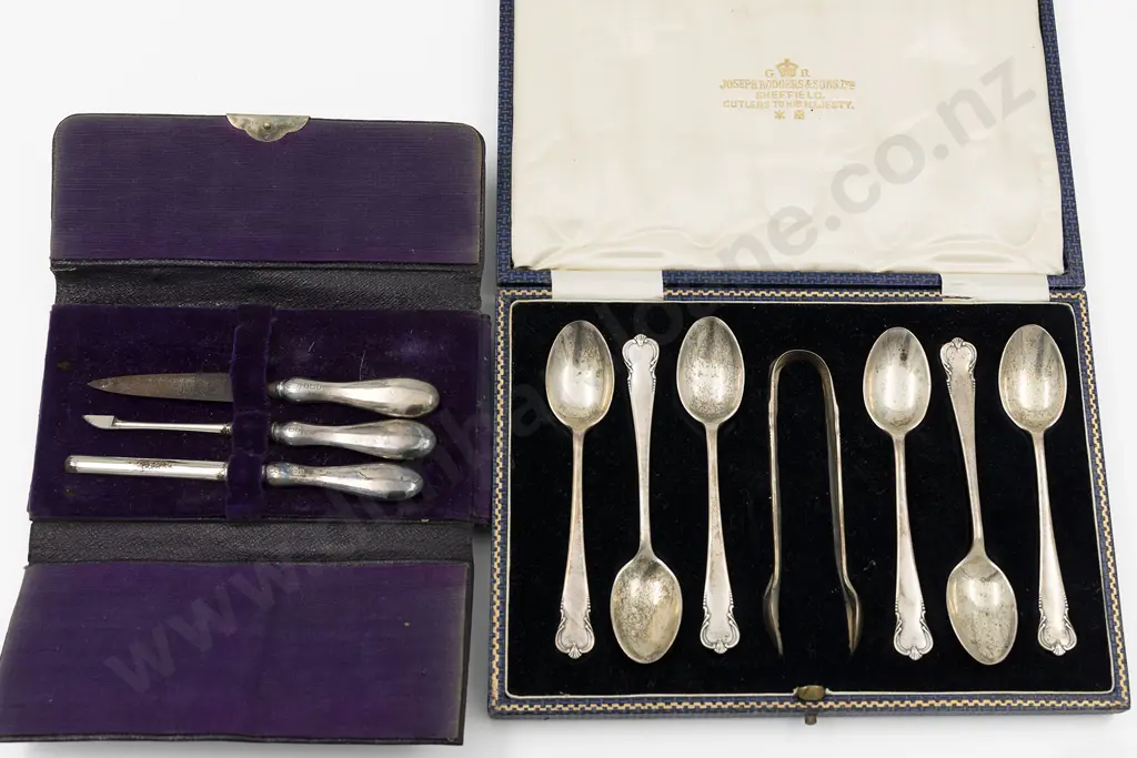 Cased Set Of SIx Geo V S/S Teaspoons & Tongs Image 1++
