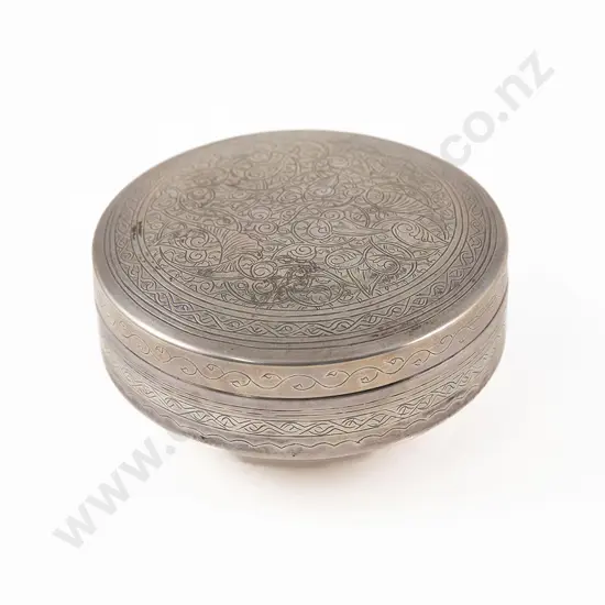 Egyptian Silver Lidded Circular Tobacco Tin