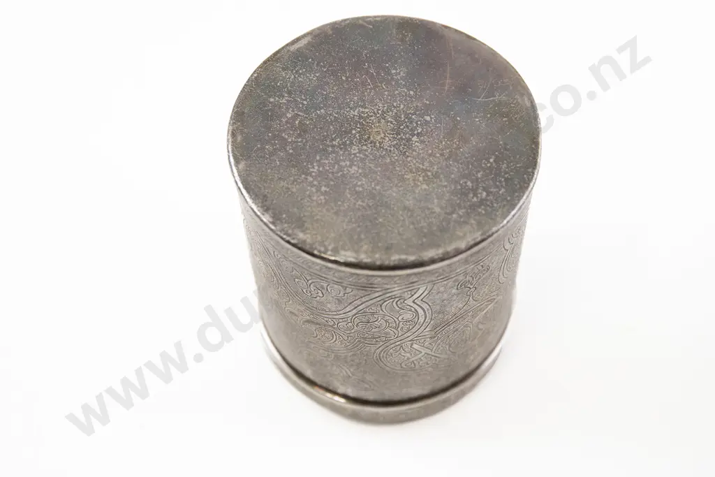 Egyptian Silver Lidded Cylindrical Cigarette/Tobacco Tin Image 1++