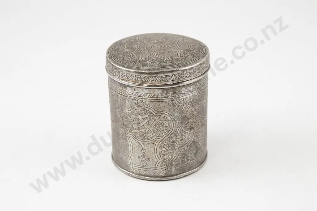 Egyptian Silver Lidded Cylindrical Cigarette/Tobacco Tin Image 1++