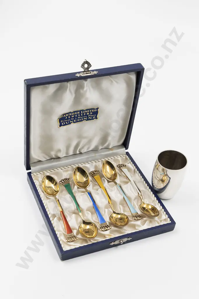 Danish Cased Set Six .925 Silver and Enamel Coffee Spoons Image 1++