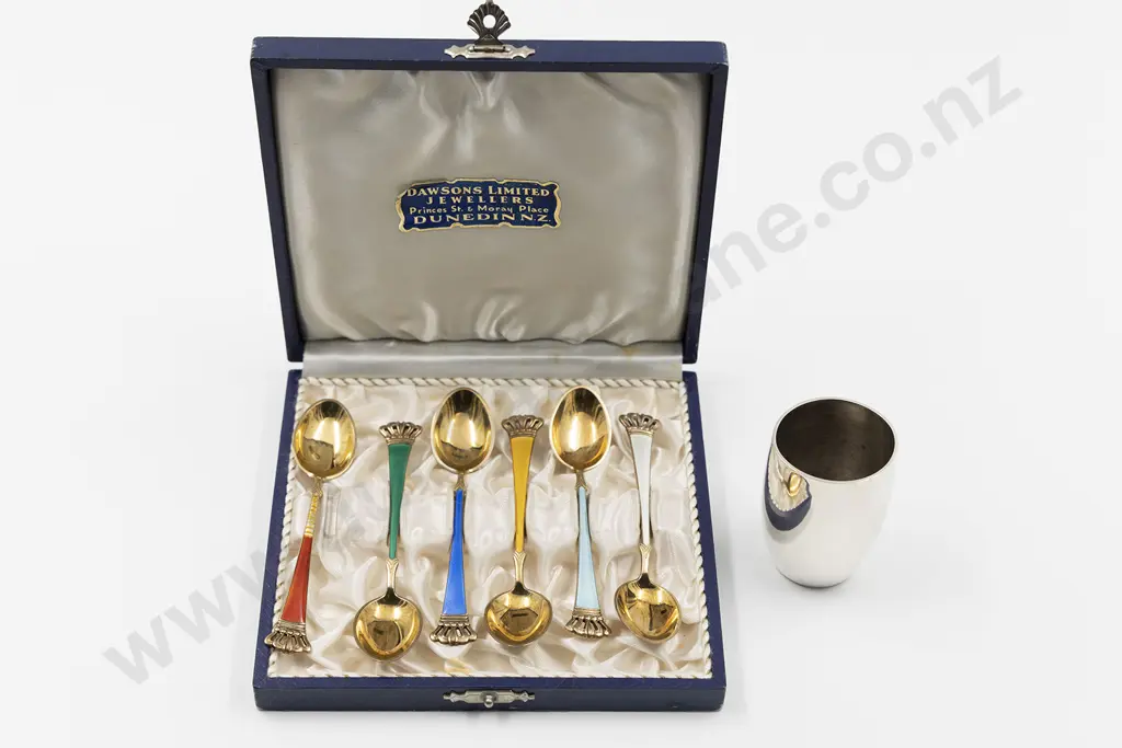 Danish Cased Set Six .925 Silver and Enamel Coffee Spoons Image 1++