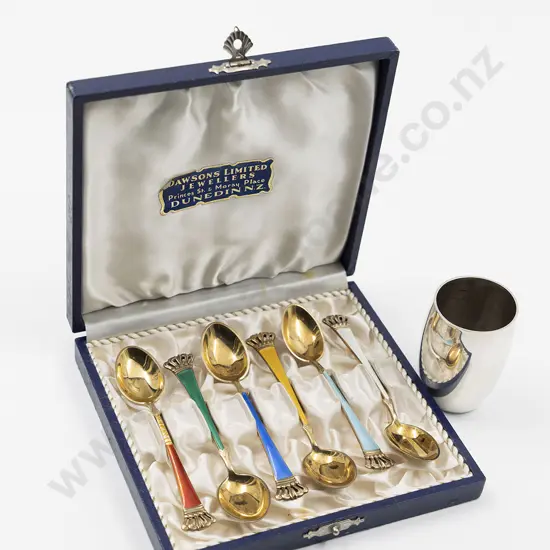 Danish Cased Set Six .925 Silver and Enamel Coffee Spoons