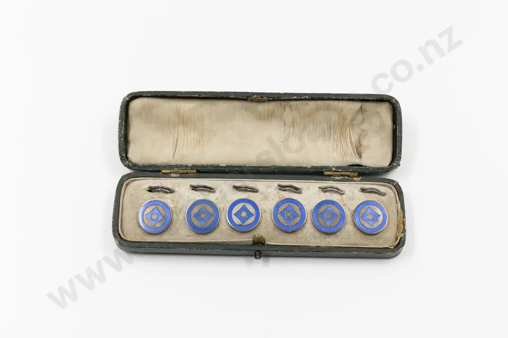 Cased Set Six S/S and Light Blue Enamel Buttons Image 1++