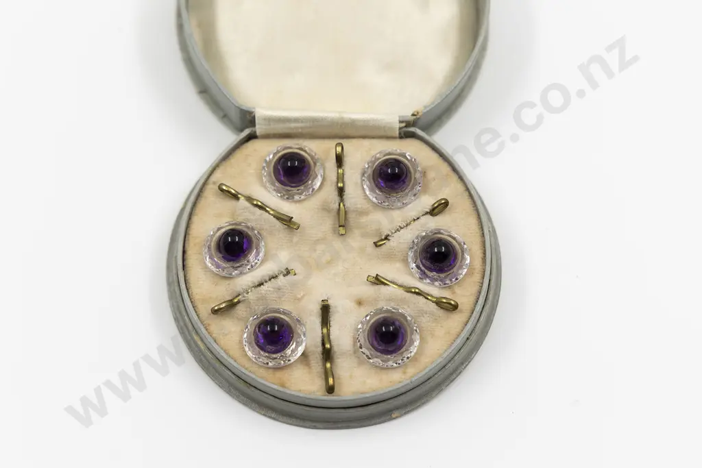 Cased Set of Six Victorian Clear and Amethyst Glass Buttons Image 1++