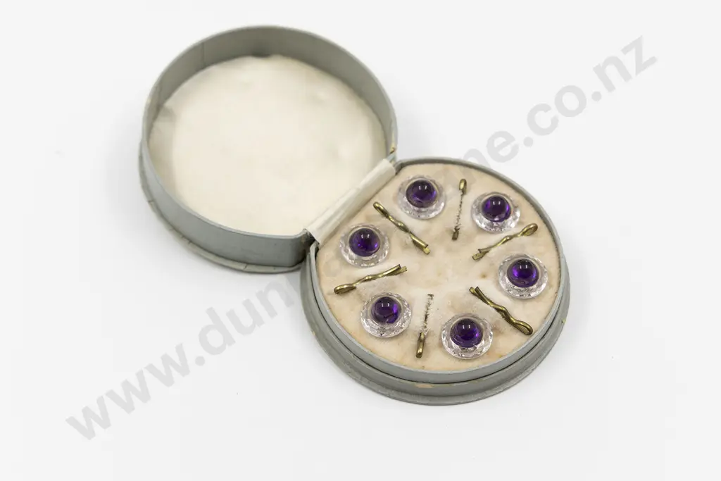 Cased Set of Six Victorian Clear and Amethyst Glass Buttons Image 1++