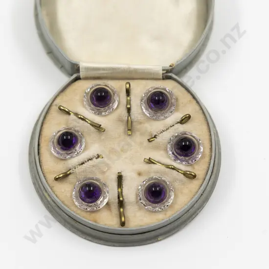 Cased Set of Six Victorian Clear and Amethyst Glass Buttons