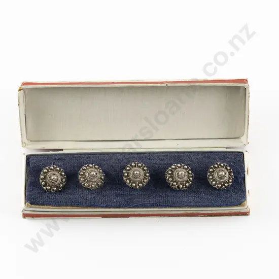 Cased Set of Five Victorian Anglo/Indian Silver Filigree Buttons