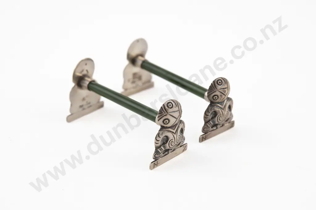Pair Vict S/S & Greenstone Tiki End Knife Rests Image 1++