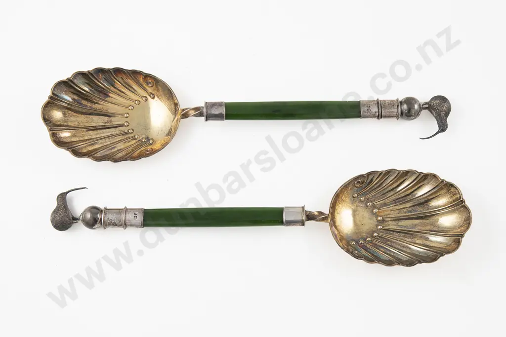 Pair Geo V S/S & Greenstone Handled Serving Spoons Image 1++