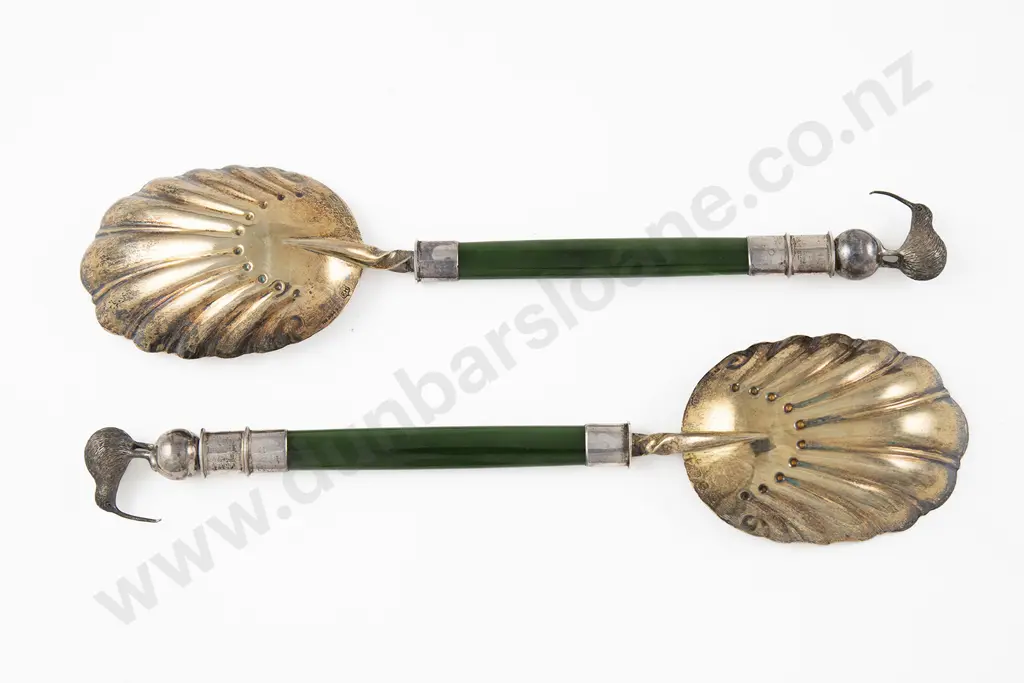 Pair Geo V S/S & Greenstone Handled Serving Spoons Image 1++