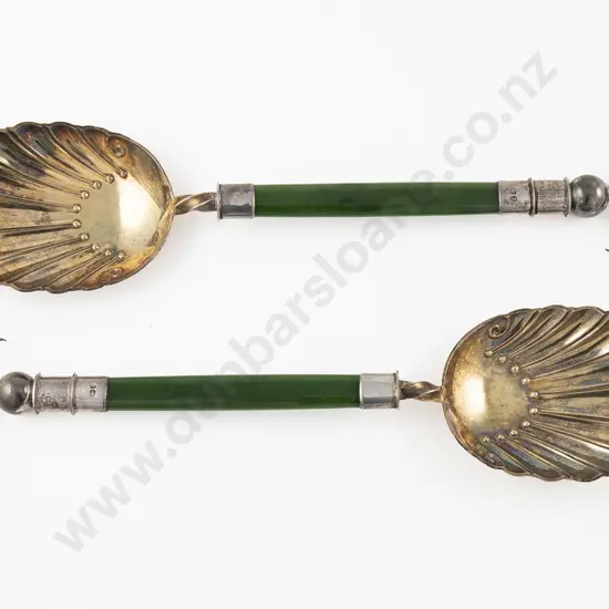 Pair Geo V S/S & Greenstone Handled Serving Spoons