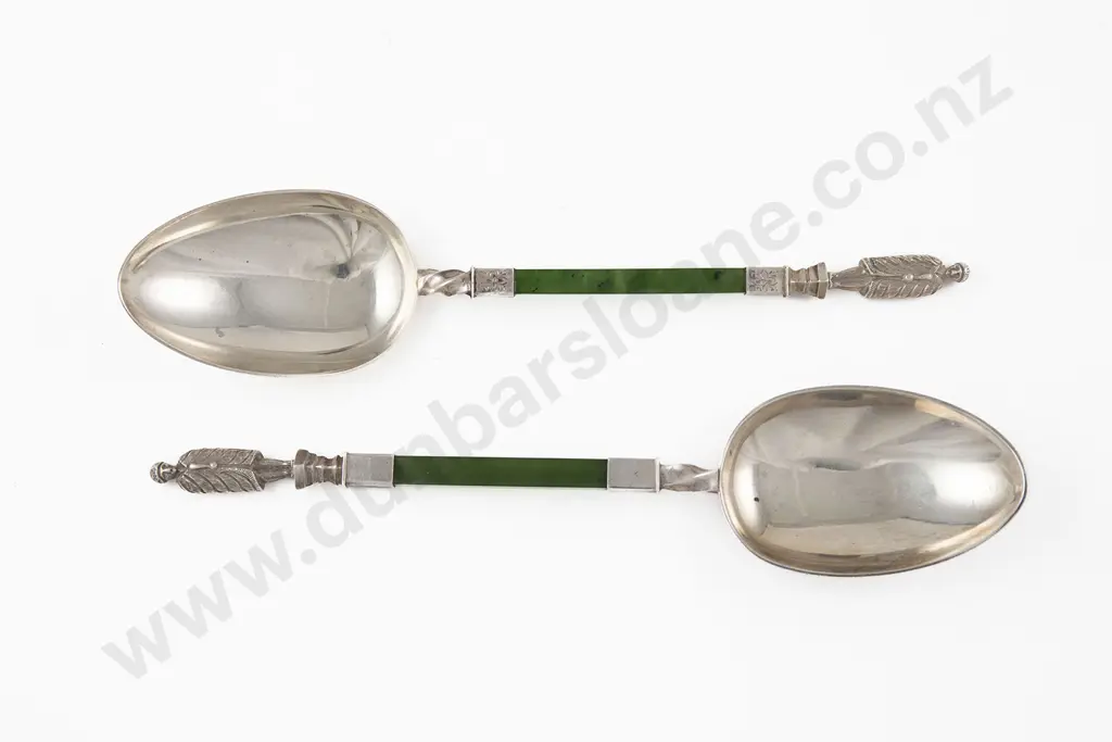 Two Vict S/S & Greenstone Serving Spoons Image 1++