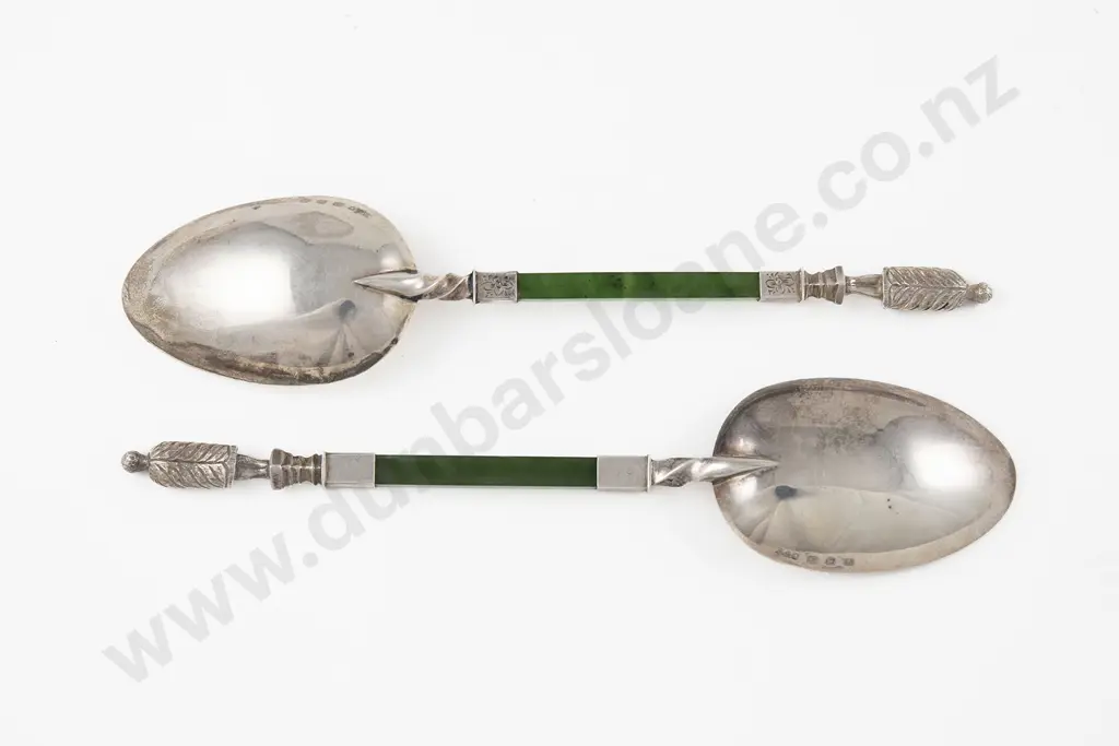 Two Vict S/S & Greenstone Serving Spoons Image 1++