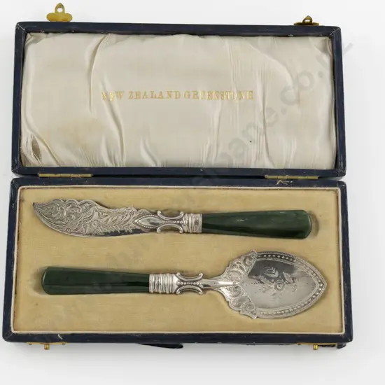 Cased NZ Silver and Greenstone Butter Knife and Jam Spoon