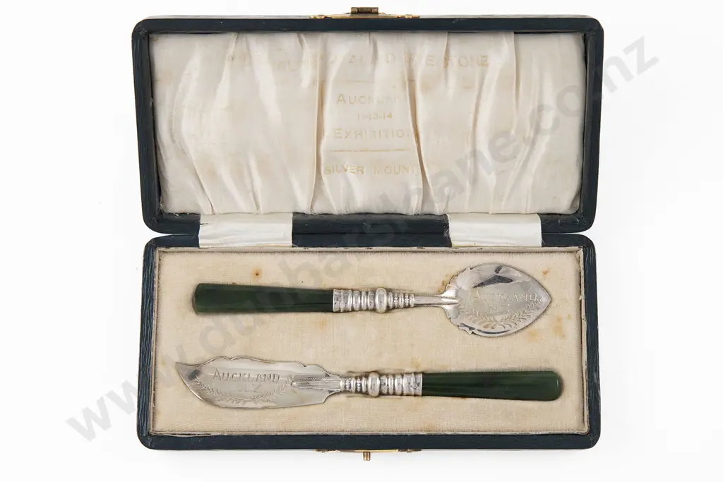 Cased NZ & Greenstone Jam Spoon & Butter knife By ALF.M. Skeates Image 1++
