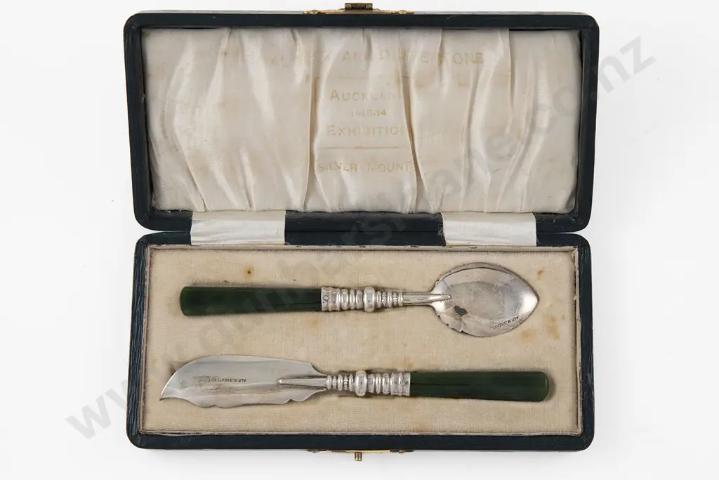 Cased NZ & Greenstone Jam Spoon & Butter knife By ALF.M. Skeates Image 1++