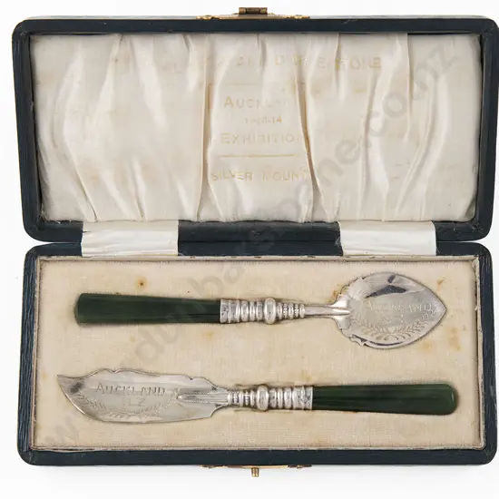 Cased NZ & Greenstone Jam Spoon & Butter knife By ALF.M. Skeates