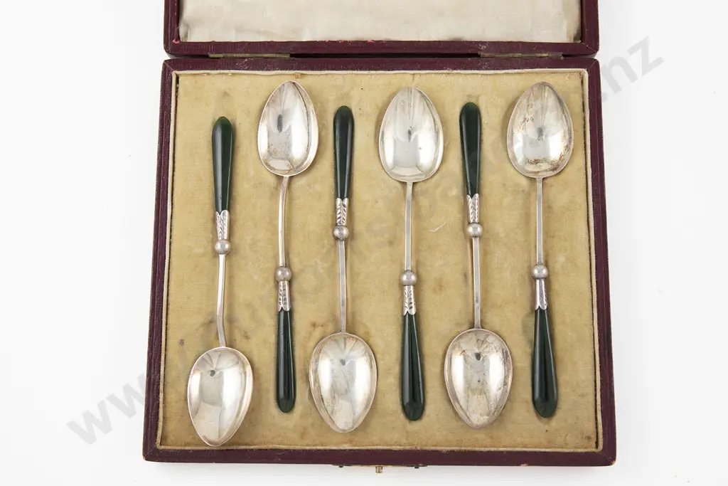 Cased Set Of Six NZ/S/S & Greenstone Handled Teaspoons Image 1++