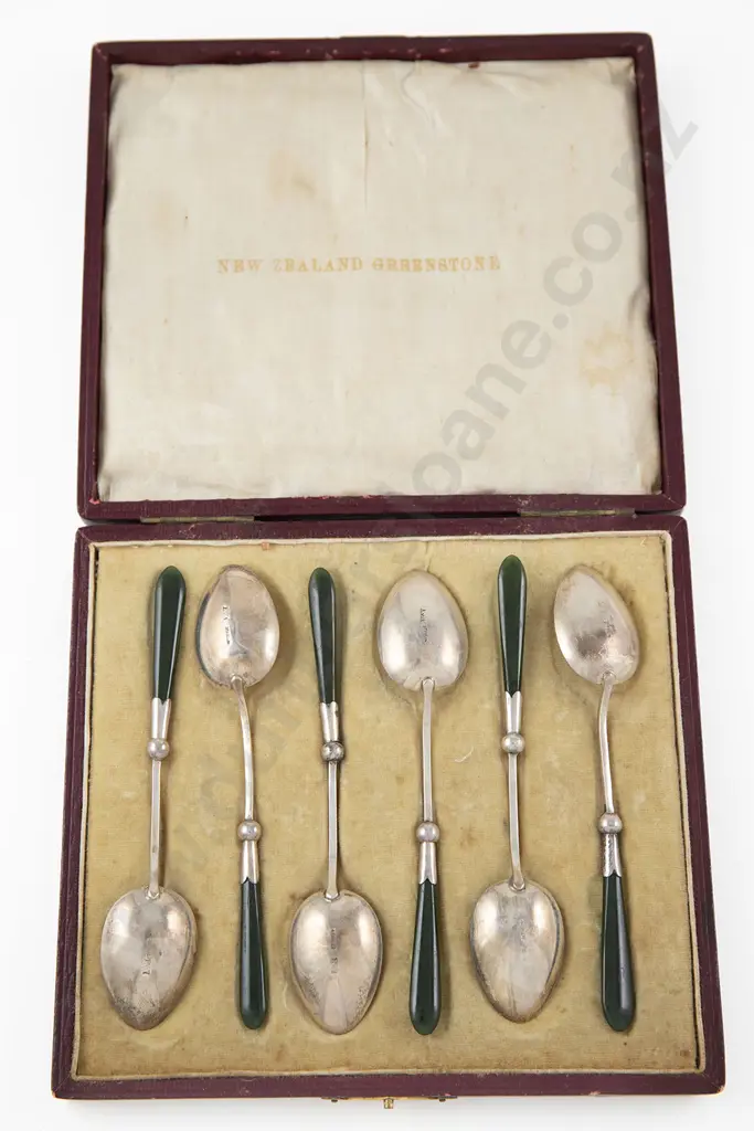 Cased Set Of Six NZ/S/S & Greenstone Handled Teaspoons Image 1++
