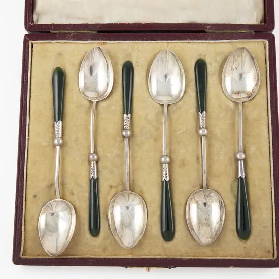 Cased Set Of Six NZ/S/S & Greenstone Handled Teaspoons
