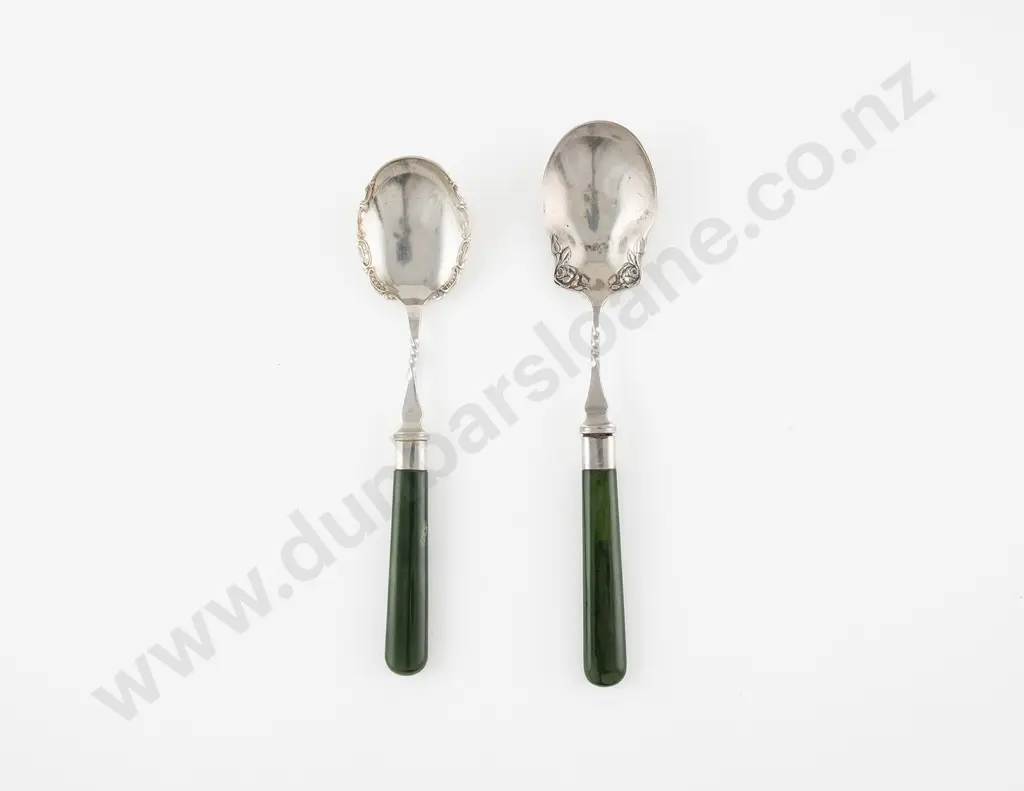 Two Large NZ S/S & Greenstone Handled Jam or Preserve Spoons Image 1++
