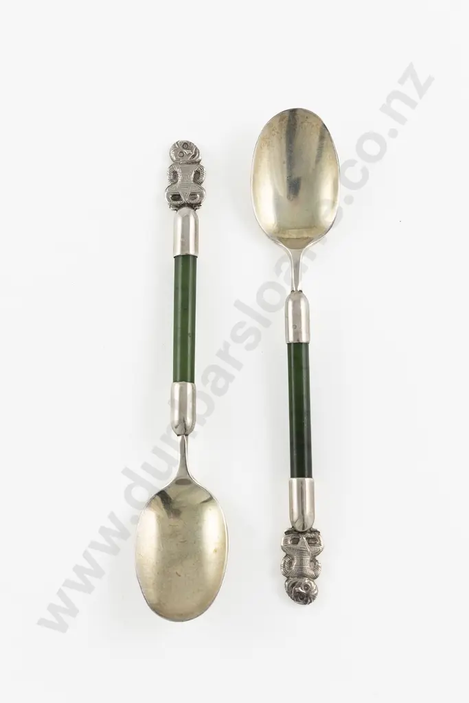 Pair NZ Silver and Greenstone Coffee Spoons Image 1++