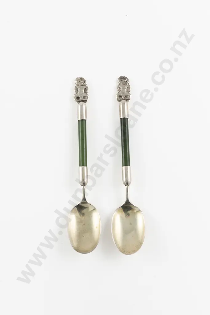 Pair NZ Silver and Greenstone Coffee Spoons Image 1++