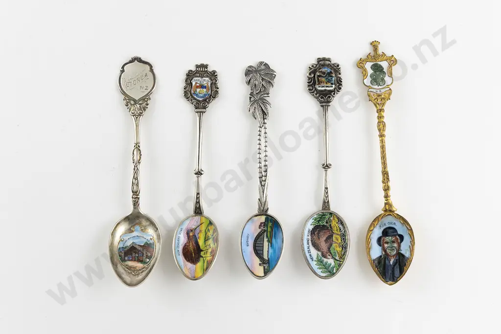 Five NZ & Other S/S and S/Plate Enamel Souvenir Spoons Image 1++