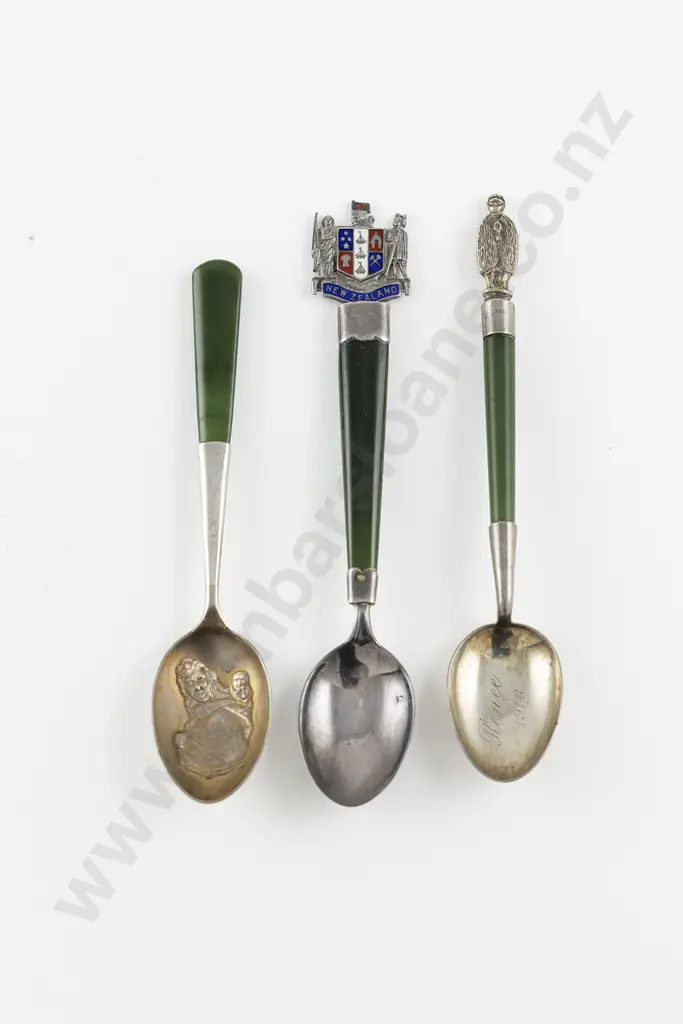 Three NZ & English S/S & Greenstone Handled Spoons Image 1++