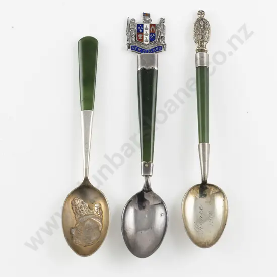 Three NZ & English S/S & Greenstone Handled Spoons