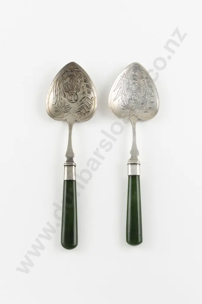 Pair NZ S/S & Greenstone Handled Jam Spoons Image 1++