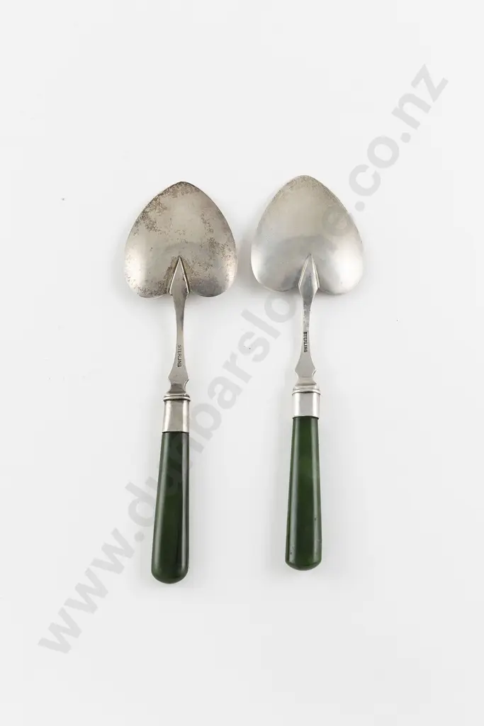 Pair NZ S/S & Greenstone Handled Jam Spoons Image 1++