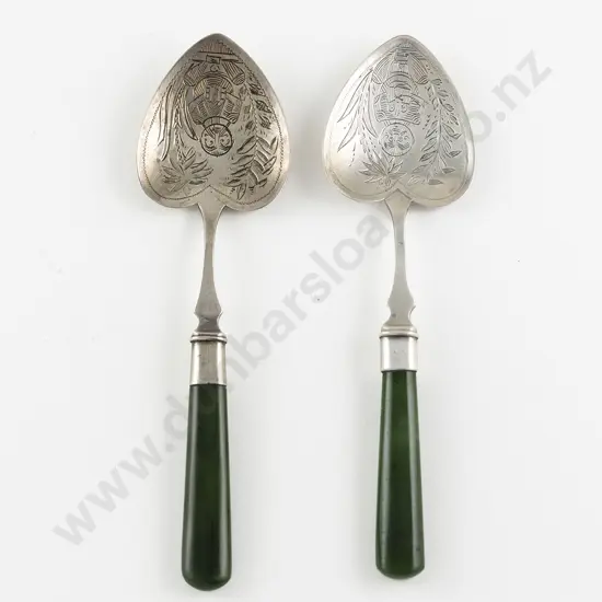 Pair NZ S/S & Greenstone Handled Jam Spoons