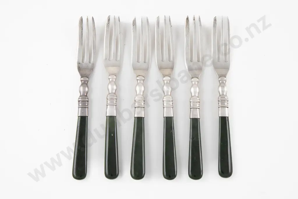 Set Of Six Geo V S/S & Greenstone Handled Cake Forks Image 1++