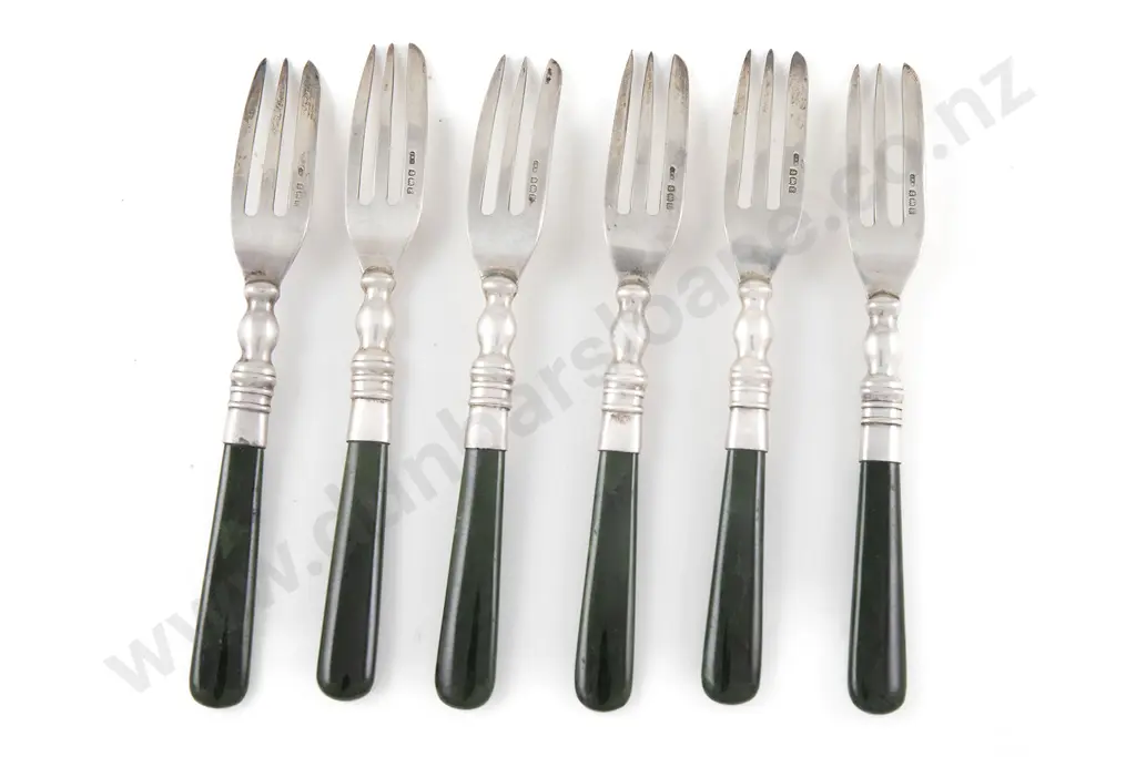 Set Of Six Geo V S/S & Greenstone Handled Cake Forks Image 1++