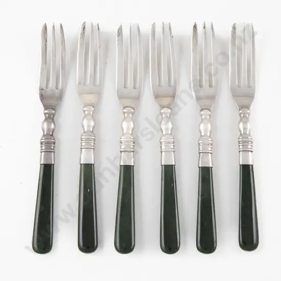 Set Of Six Geo V S/S & Greenstone Handled Cake Forks