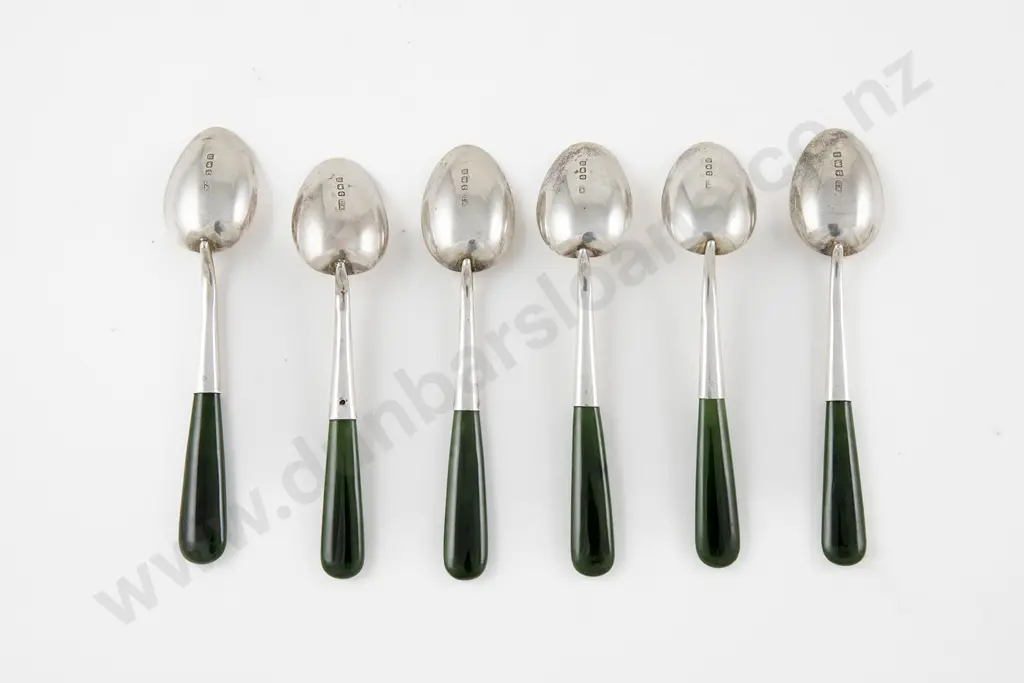 Set Of Six Geo V S/S & Greenstone Handled Coffee Spoons Image 1++