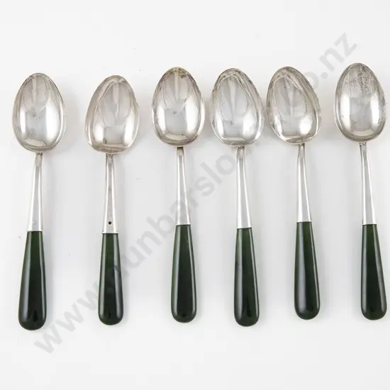 Set Of Six Geo V S/S & Greenstone Handled Coffee Spoons