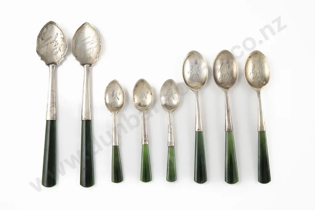 Eight NZ S/S & Greenstone Handled Spoons By Joseph Swindell & Sons Image 1++