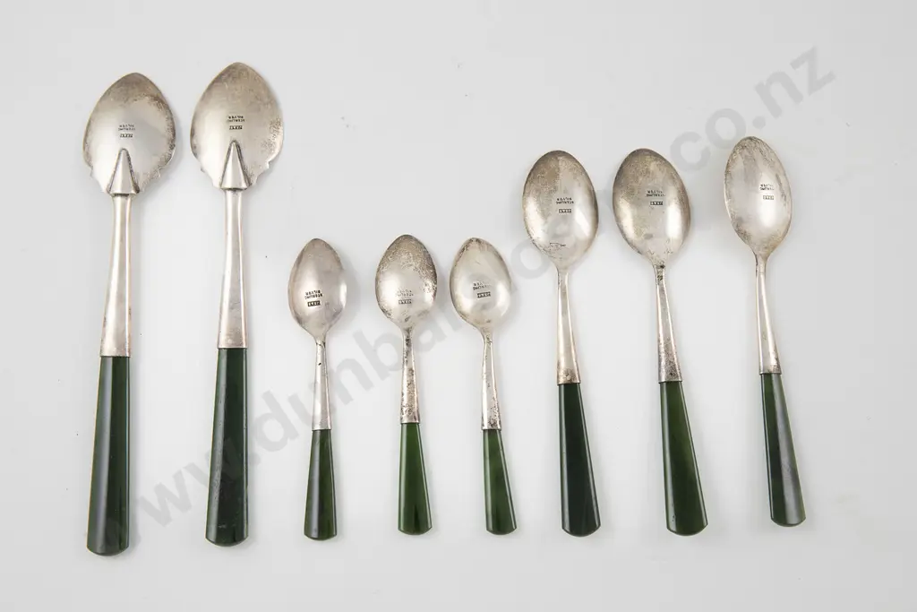 Eight NZ S/S & Greenstone Handled Spoons By Joseph Swindell & Sons Image 1++