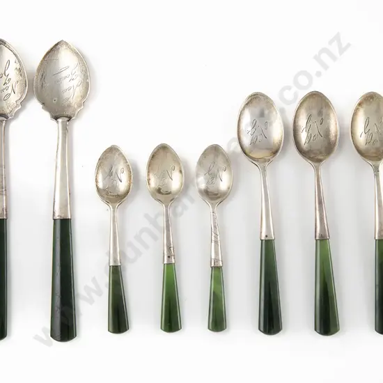 Eight NZ S/S & Greenstone Handled Spoons By Joseph Swindell & Sons