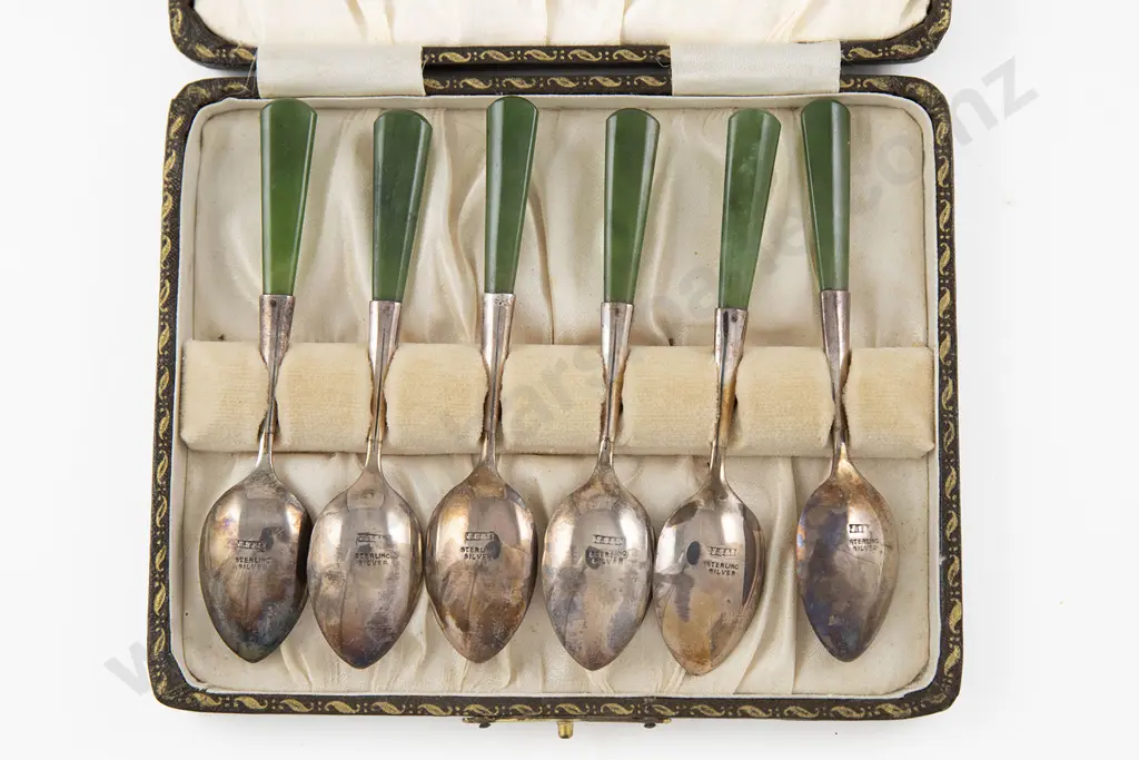 Cased Set Of SIx NZ S/S & Greenstone coffee Spoons By Joseph Swindell & Sons Image 1++