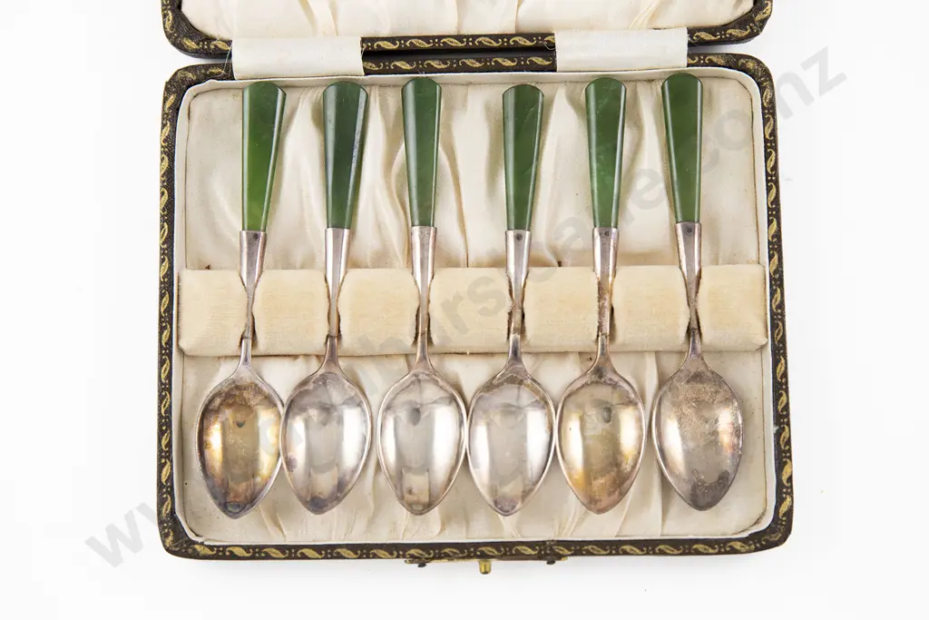 Cased Set Of SIx NZ S/S & Greenstone coffee Spoons By Joseph Swindell & Sons Image 1++