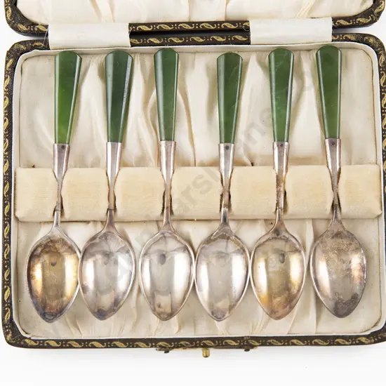 Cased Set Of SIx NZ S/S & Greenstone coffee Spoons By Joseph Swindell & Sons